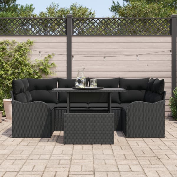 Trädgårdsoffset med kudde med lagring 7 pcs Svart Poly Rattan