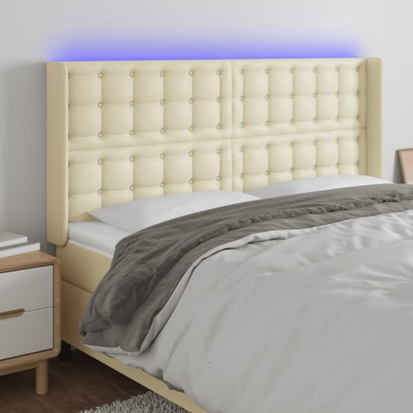 Sänggavel LED gräddvit 147x16x118/128 cm konstläder