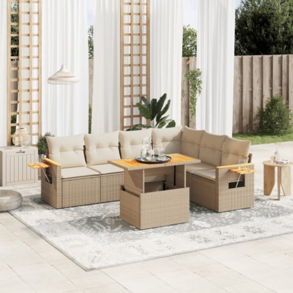 Matgrupp för trädgården med dynor 7 delar beige konstrotting