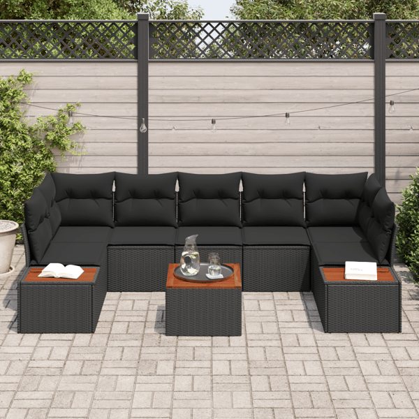 Trädgårdsoffset med kudde 8 pcs Svart Poly rattan