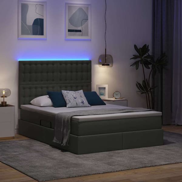 Förvaringssäng med LED med led Mörkgrå 140 x 200 cm Polyester