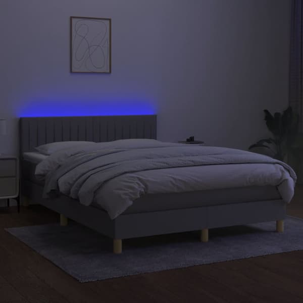 Ramsäng med madrass & LED ljusgrå 140x190 cm tyg