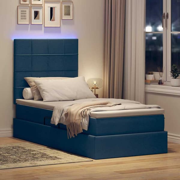 Förvaringssäng med LED med madrass Blå 90 x 190 cm Polyester