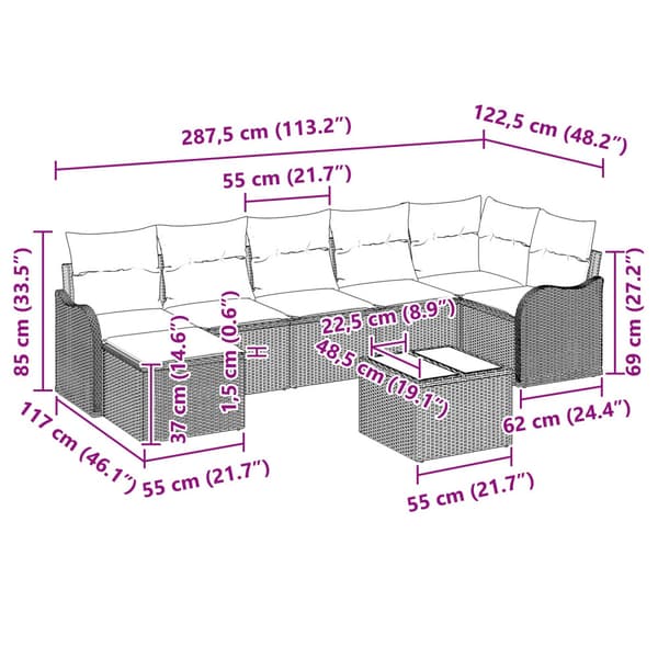 Trädgårdsoffset med kudde 8 pcs Grå Poly rattan