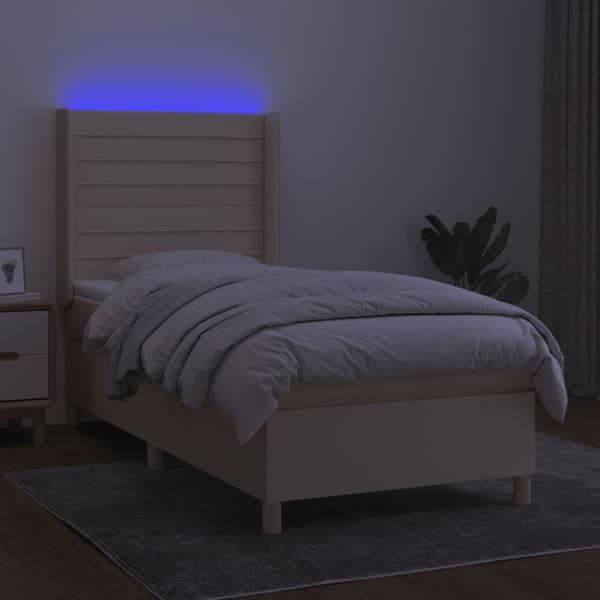 Ramsäng med madrass & LED gräddvit 90x190 cm tyg