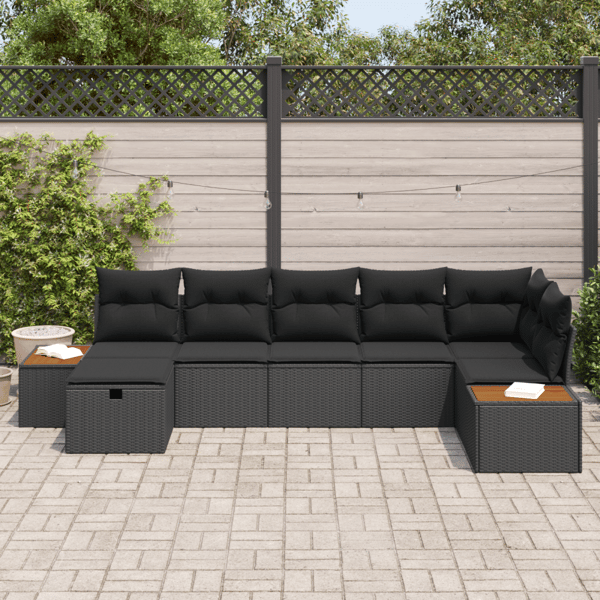 Trädgårdsoffset med kudde 7 pcs Svart Poly rattan