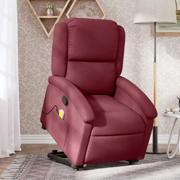 Reclinerfåtölj med uppresningshjälp vinröd tyg