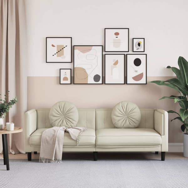 Soffa med kuddar 3-sits gräddvit sammet
