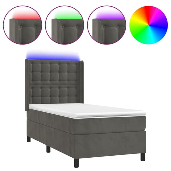 Ramsäng med madrass & LED mörkgrå 90x190 cm sammet