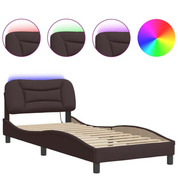 Bed Frame with LED without Mattress "Hvar" Dark Brown 90x200 cm Fabric