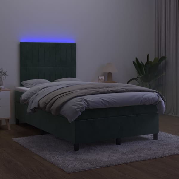 Ramsäng med madrass & LED mörkgrön 120x190 cm sammet