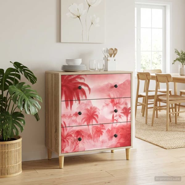Kommode AACHEN Rosa palmträdtryck 66 x 36,5 x 75 cm Sonoma-ek