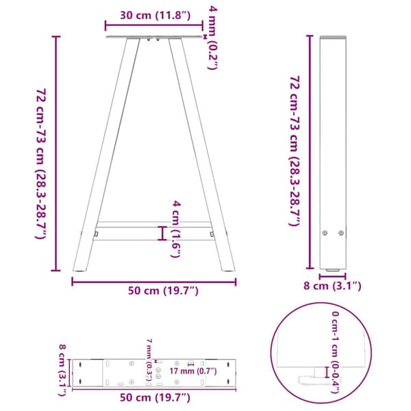 Matbordsben A-formade 2 st 50x(72-73) cm stål