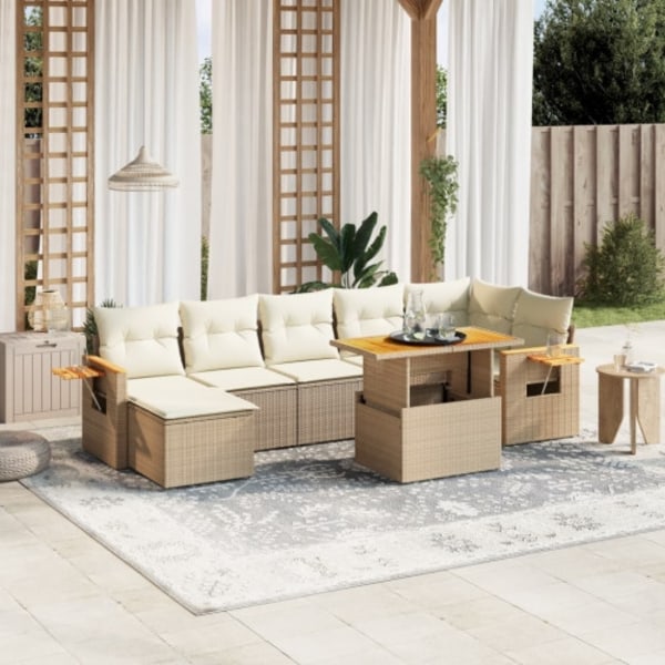 Matgrupp för trädgården med dynor 8 delar beige konstrotting
