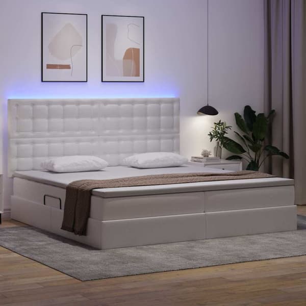 Förvaringssäng med LED med led Ren Vit 200 x 200 cm Konstläder