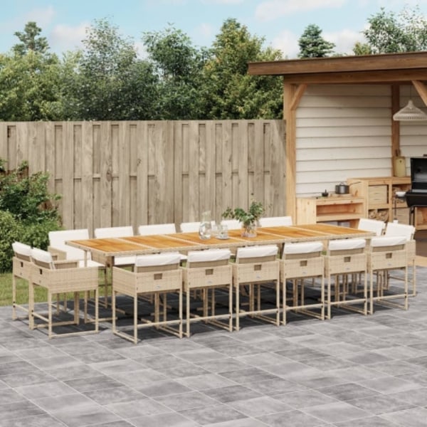 Matgrupp för trädgården med dynor 17 delar beige konstrotting