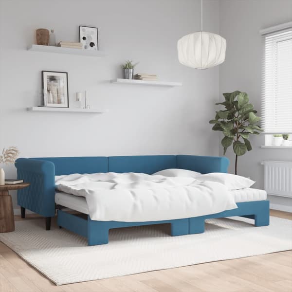 Dagbädd utdragbar med madrasser blå 90x200 cm sammet