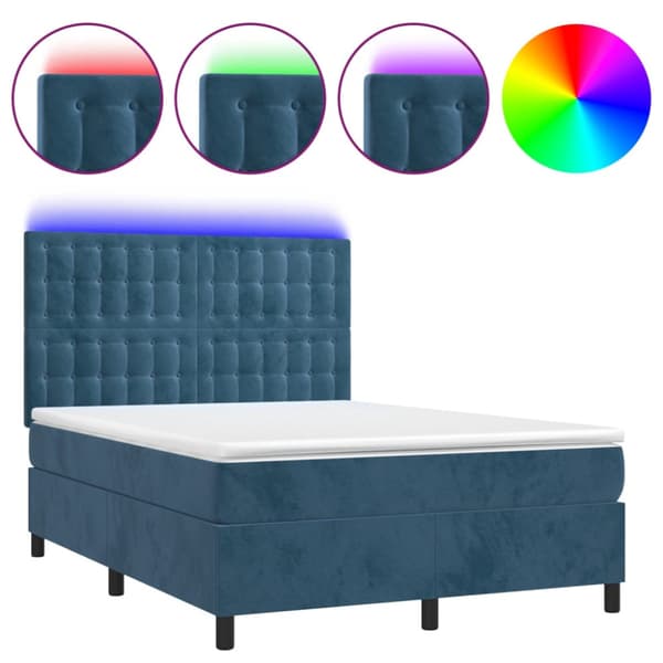 Ramsäng med madrass & LED mörkblå 140x190 cm sammet