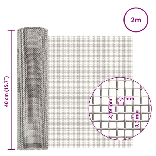 Nätduk 40 x 200 cm 8 Mesh Rostfritt stål 201 Silver