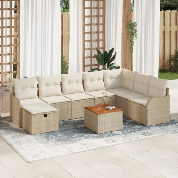 9-delat trädgårdsofset med kuddar beige poly rattan