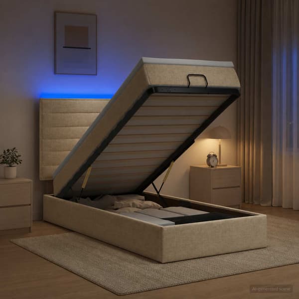 Ottoman-säng med madrass och LED Gräddvit 80 x 200 cm Tyg
