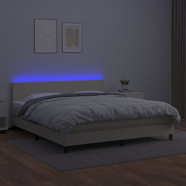 Ramsäng med madrass & LED gräddvit 180x200 cm konstläder