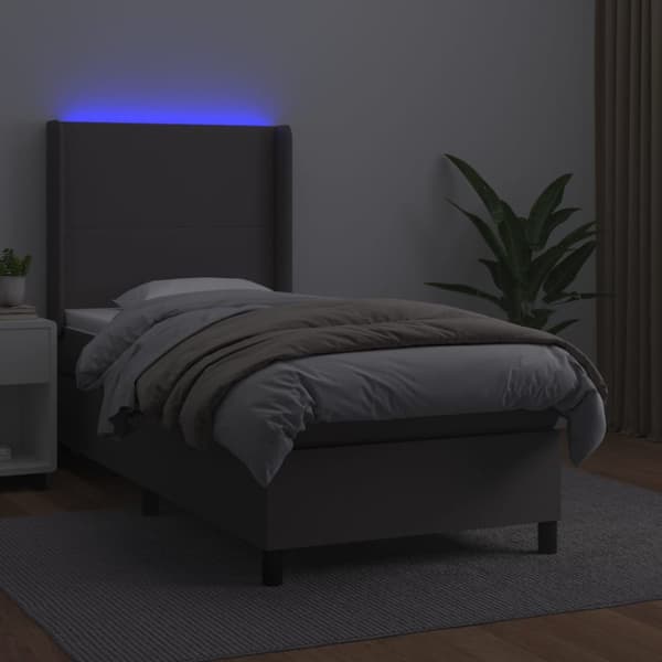 Ramsäng med madrass & LED grå 100x200 cm konstläder