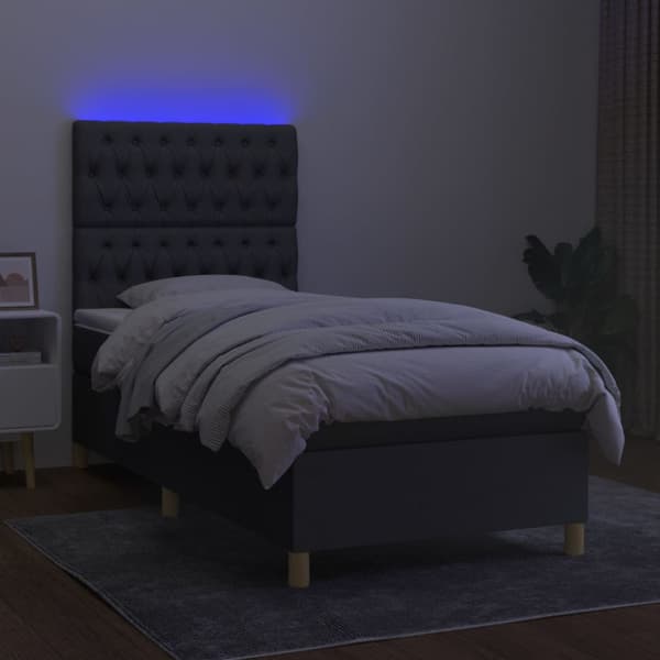 Ramsäng med madrass & LED mörkgrå 90x190 cm tyg