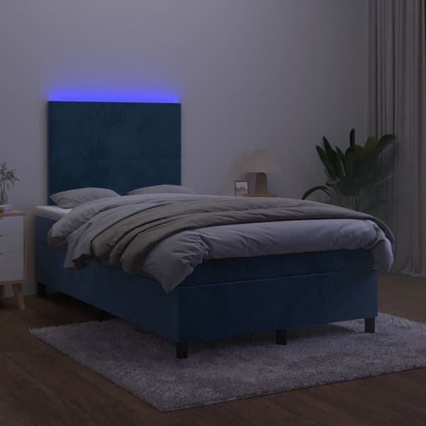 Ramsäng med madrass & LED mörkblå 120x190 cm sammet