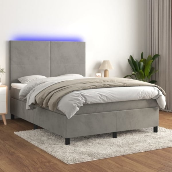 Ramsäng med madrass & LED ljusgrå 140x190 cm sammet