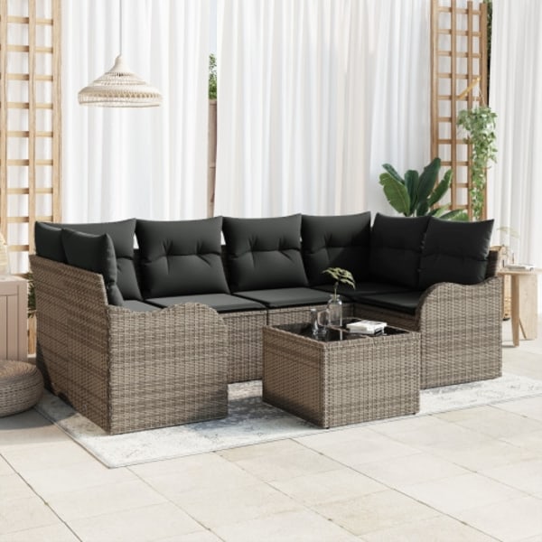 7-delat trädgårdsofa set med kuddar Grå Poly Rattan