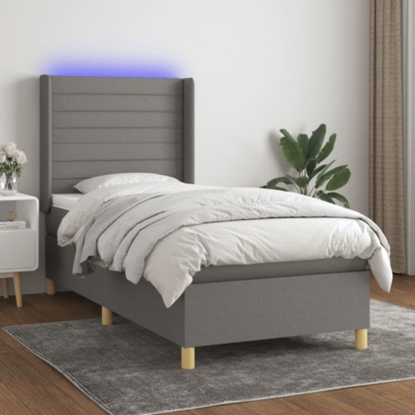 Ramsäng med madrass & LED mörkgrå 90x190 cm tyg