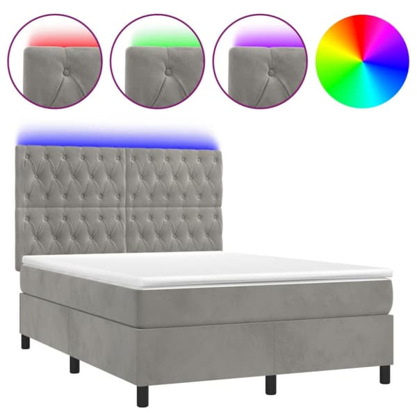 Ramsäng med madrass & LED ljusgrå 140x200 cm sammet