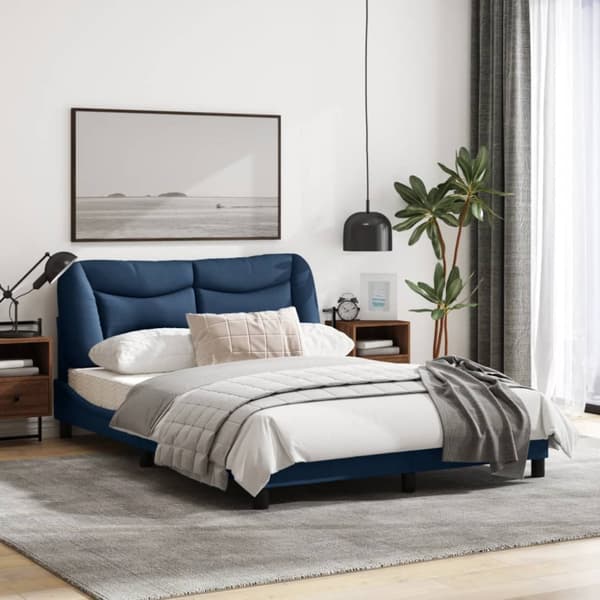 Bed Frame with LED without Mattress "Hvar" Blue 140x200 cm Fabric
