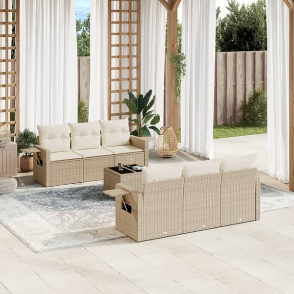 Matgrupp för trädgården med dynor 7 delar beige konstrotting