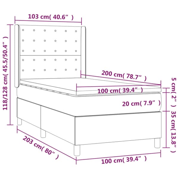 Ramsäng med madrass & LED gräddvit 100x200 cm tyg