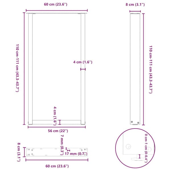 Barbordsben U-formade 2 st svarta 60x(110-111) cm stål