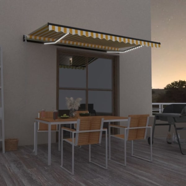 Automatisk markis med vindsensor & LED 400x350 cm gul/vit