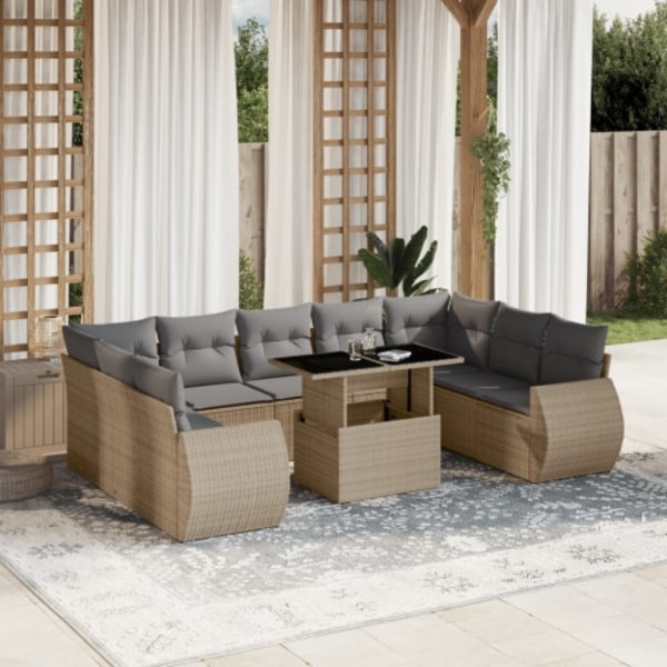 Soffgrupp för trädgård med dynor 10 delar beige konstrotting