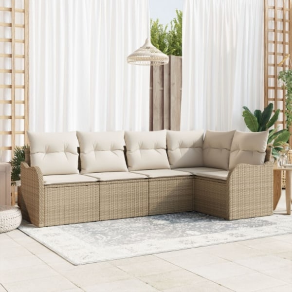 5 Delars Trädgårdsoffset Med Kuddar Beige Poly Rattan