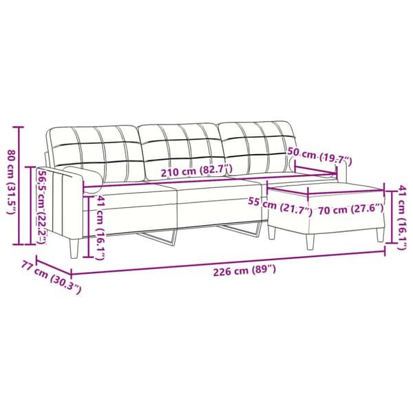 3-sitssoffa med fotpall brun 210 cm sammet