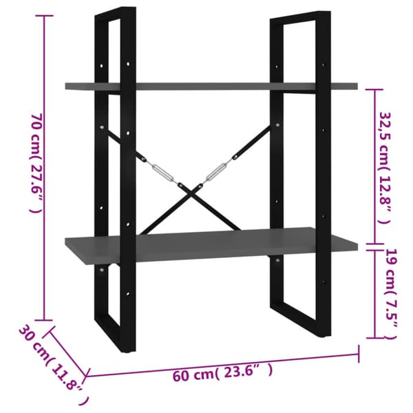 Bokhylla 2 hyllplan grå 60x30x70 cm konstruerat trä