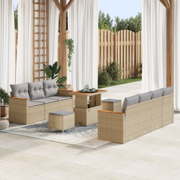 10-delars trädgårdsoff-set med kuddar Beige Poly Rattan Akacia