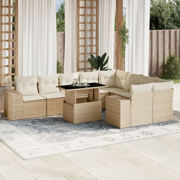 Soffgrupp för trädgård med dynor 10 delar beige konstrotting