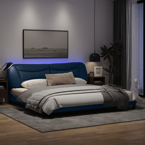 Bed Frame with LED without Mattress "Hvar" Blue 200x200 cm Fabric