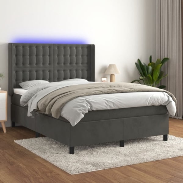 Ramsäng med madrass & LED mörkgrå 140x200 cm sammet