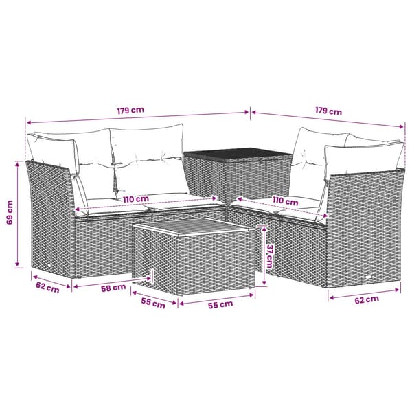 Soffset 6 st Svart och blå 55 x 55 x 37 cm Poly Rattan och stål