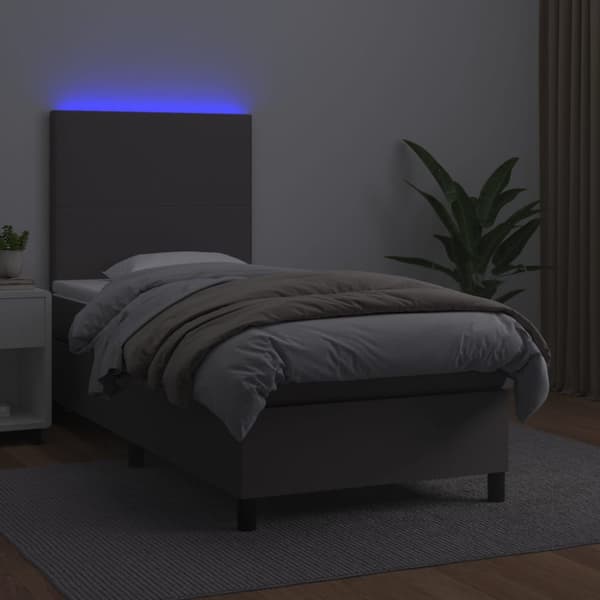 Ramsäng med madrass & LED grå 80x200 cm konstläder