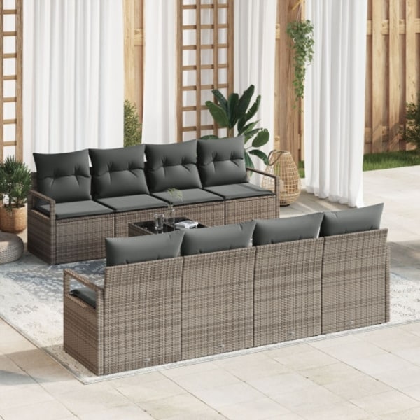 9 Delars Trädgårdsofa Set med Kuddar Grå Poly Rattan
