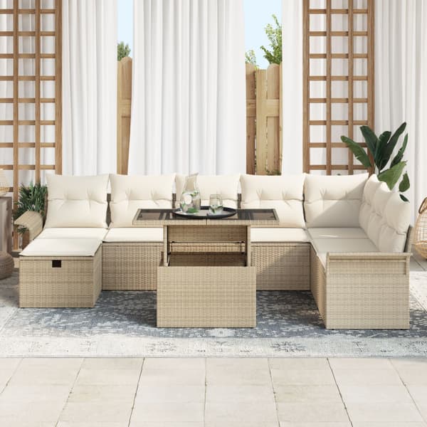 Trädgårdsoffset med kudde med lagring 9 pcs Beige Poly rattan